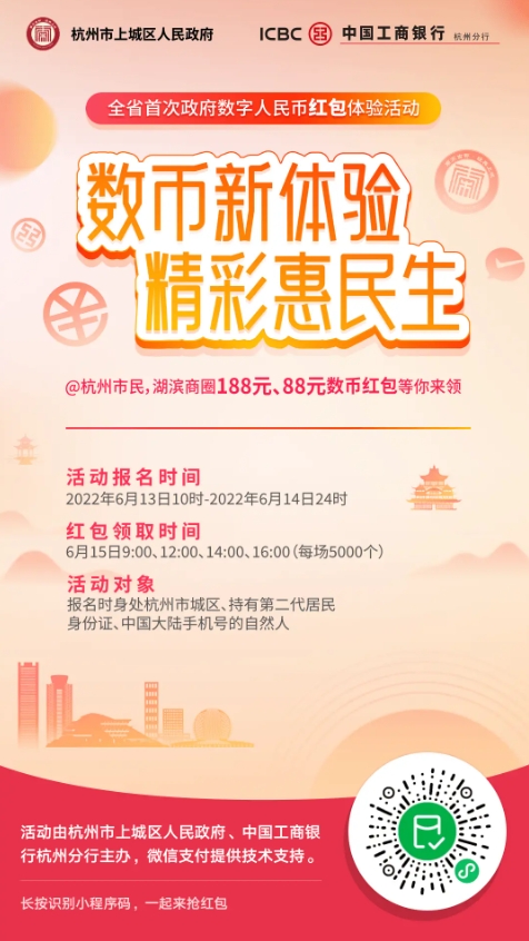 杭州上城区联合工商银行、微信支付发放2万个数字人民币红包 最高188元