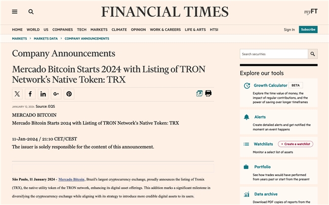 英国金融时报关注TRX登陆Mercado Bitcoin交易所：波场TRON强化南美洲布局，国际化进程持续加速