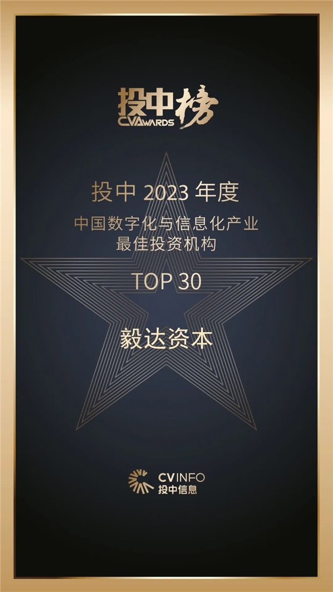 毅达资本荣获投中2023年度“中国最佳中资创业投资机构TOP3”等多项荣誉