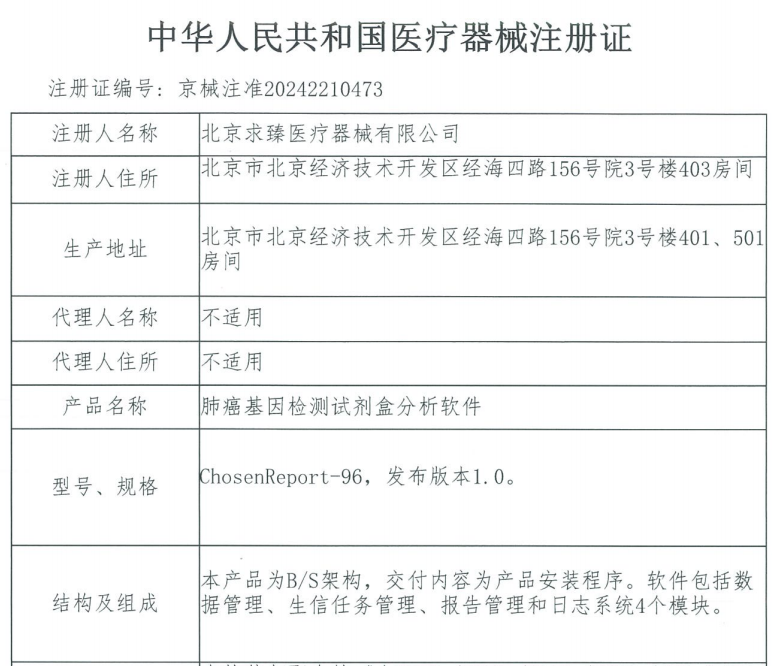 求臻医学“肺癌基因检测试剂盒分析软件”获批NMPA Ⅱ类医疗器械注册证