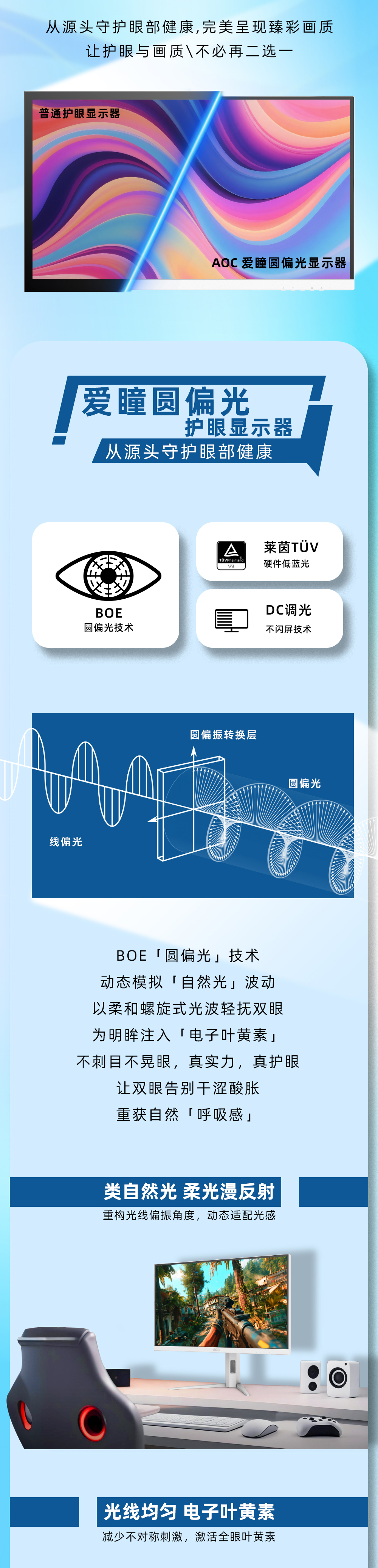 AOC爱瞳圆偏光电竞显示器，满足畅快游戏 + 科学护眼双重需求！