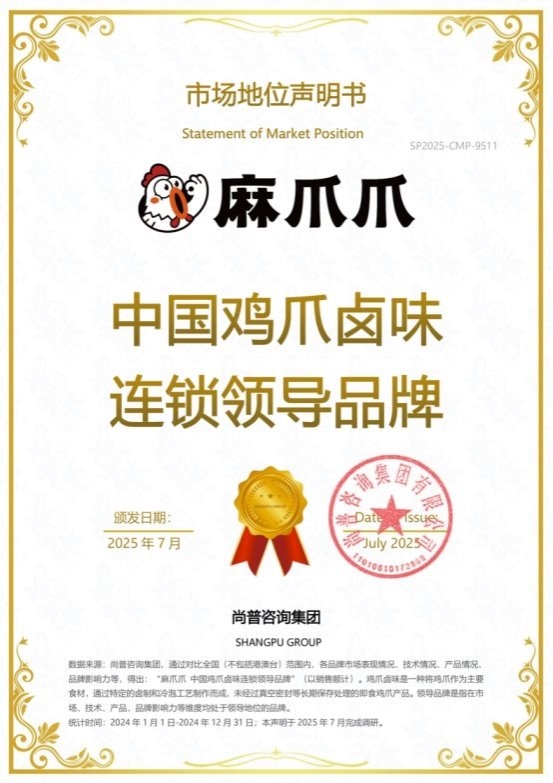 麻爪爪鸡爪卤味荣获尚普咨询集团系列市场地位声明
